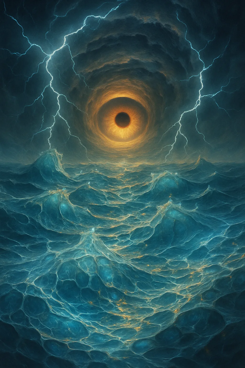 A primordial sea, unbounded and swirling beneath a storm-bright sky — at its surface, liquid forms …