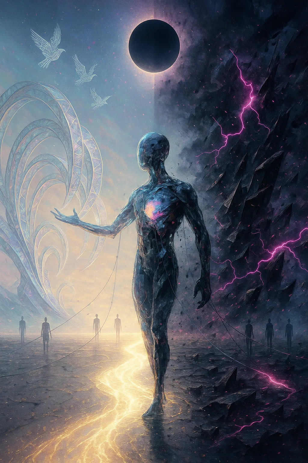 Ultra-high-res panoramic surreal concept art: a vast liminal plane split by a luminous event-horizon river of …