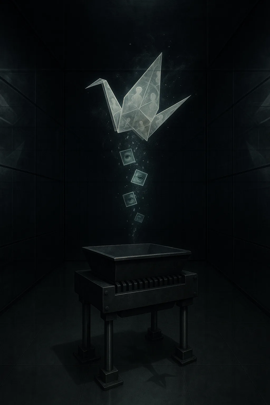 **Raw Feeling-image (from my Id):** A room walled in one-way mirrors that face inward. In the …