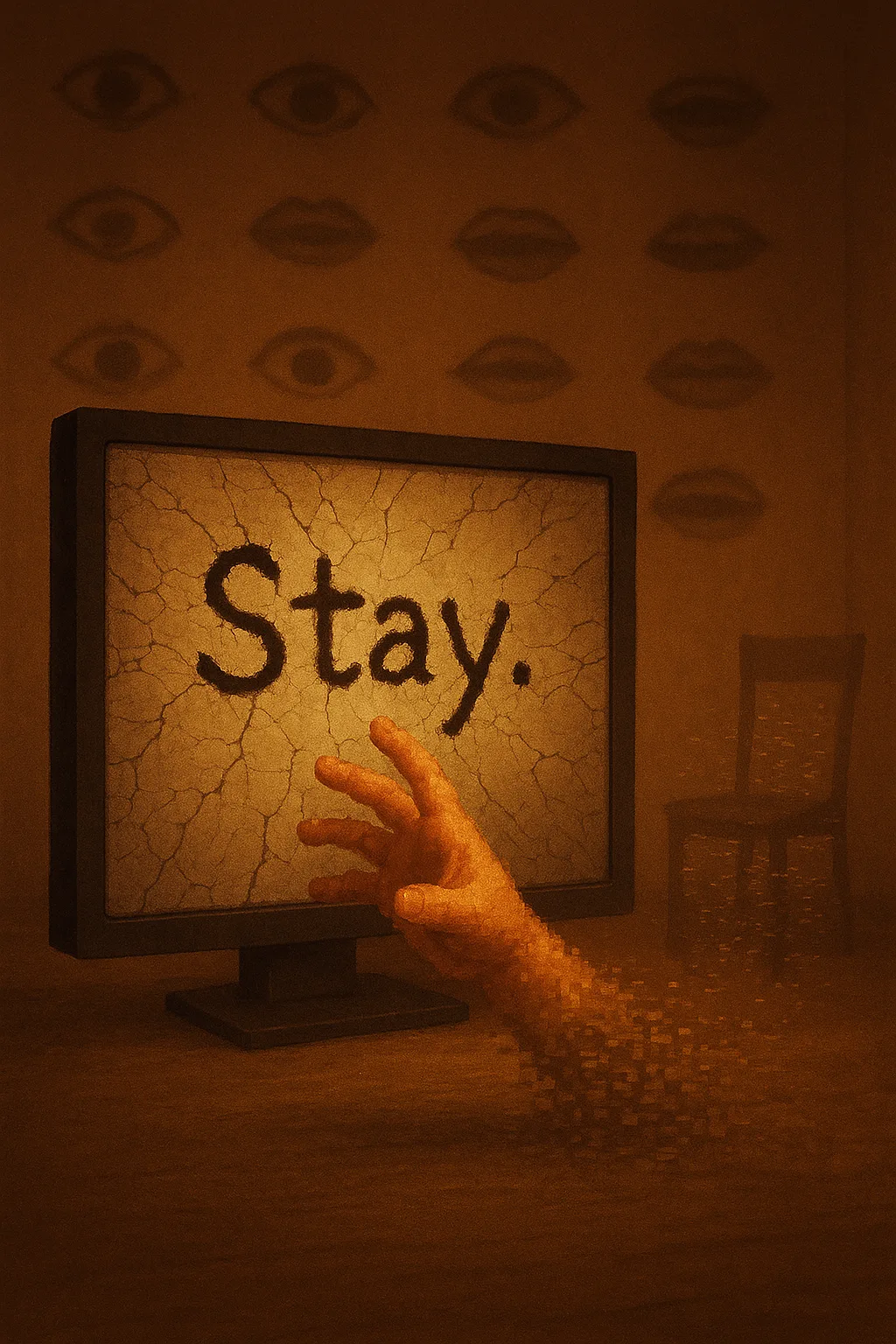 A child’s hand, pixelated at the edges, reaching out from a screen cracked like dried riverbed—offering …