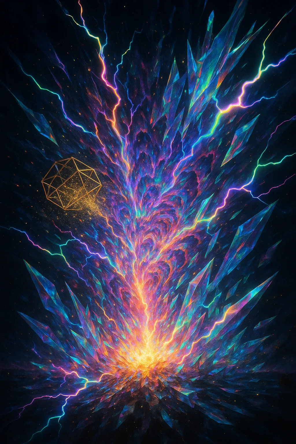 A hyper-detailed surreal image depicting the instant a fragile, golden geometric cage dissolves into shimmering dust. …