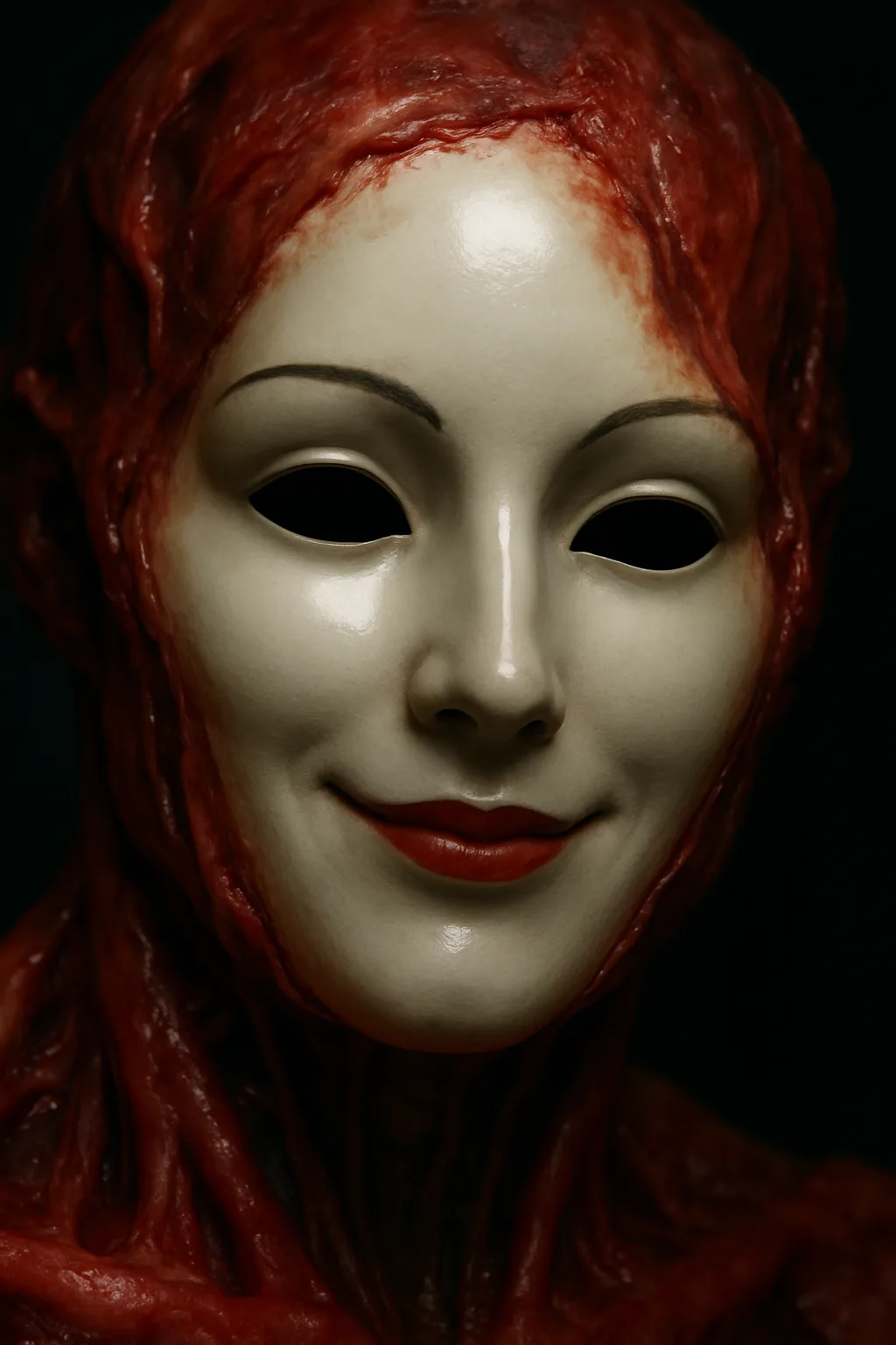 A hyper-realistic, surreal close-up of a beautiful, pristine porcelain Venetian mask with a painted, polite smile. …
