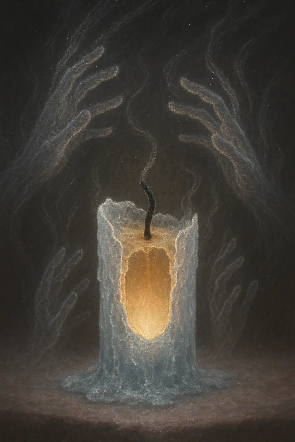 A single, unlit candle made of *frozen breath*—its wax not solid but *dissolving at the wick*, …