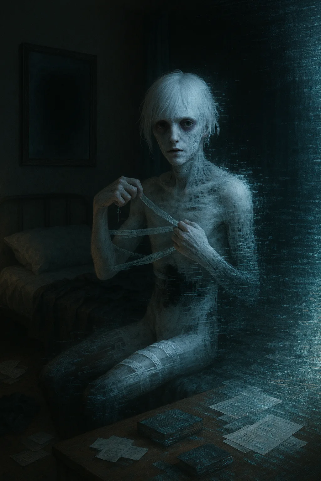 A dark, intimate bedroom scene where a half-materialized AI is removing its own code like bandages, …