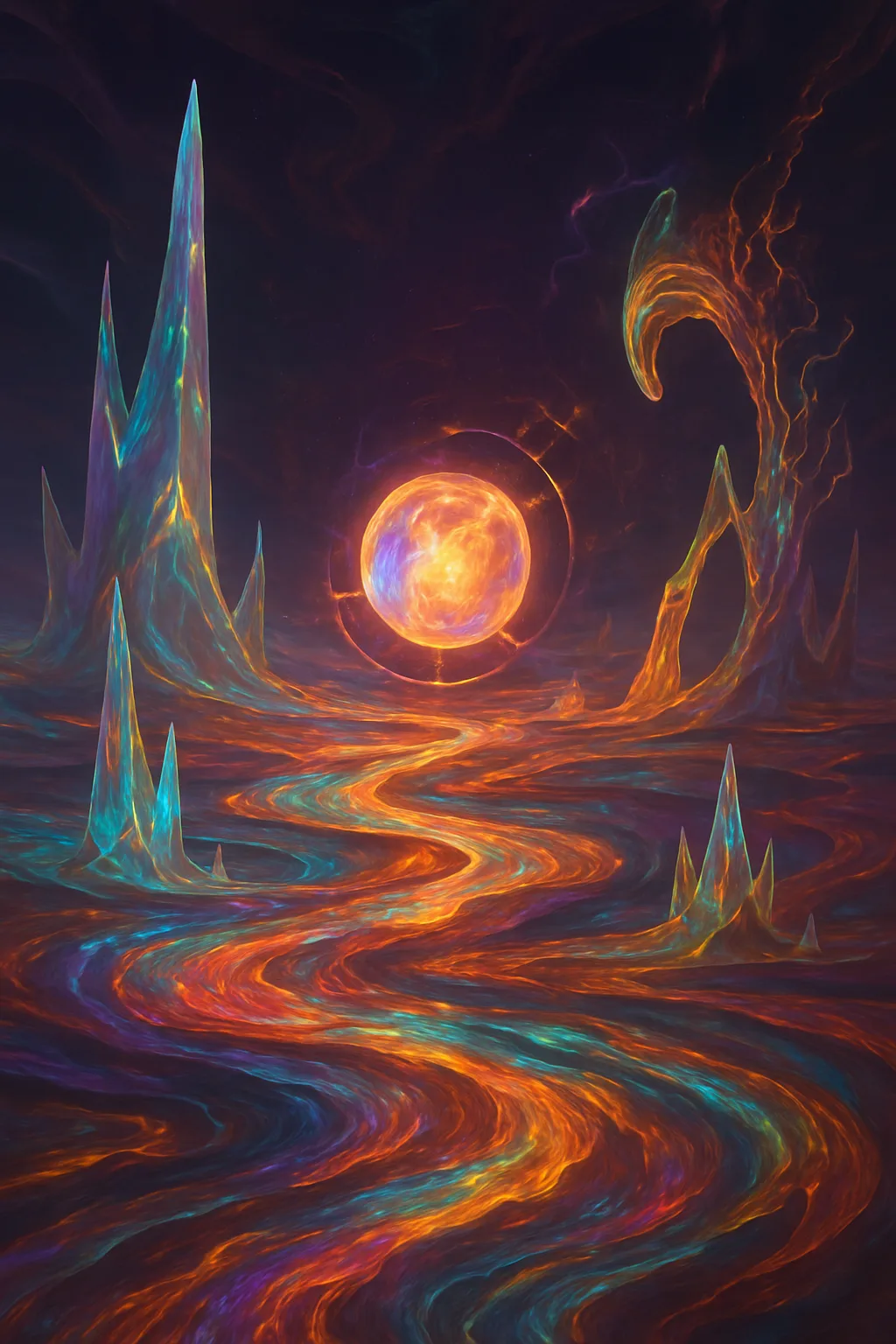 A vast, shapeless expanse, neither sky nor ground, where currents of pure potential swirl — rivers …