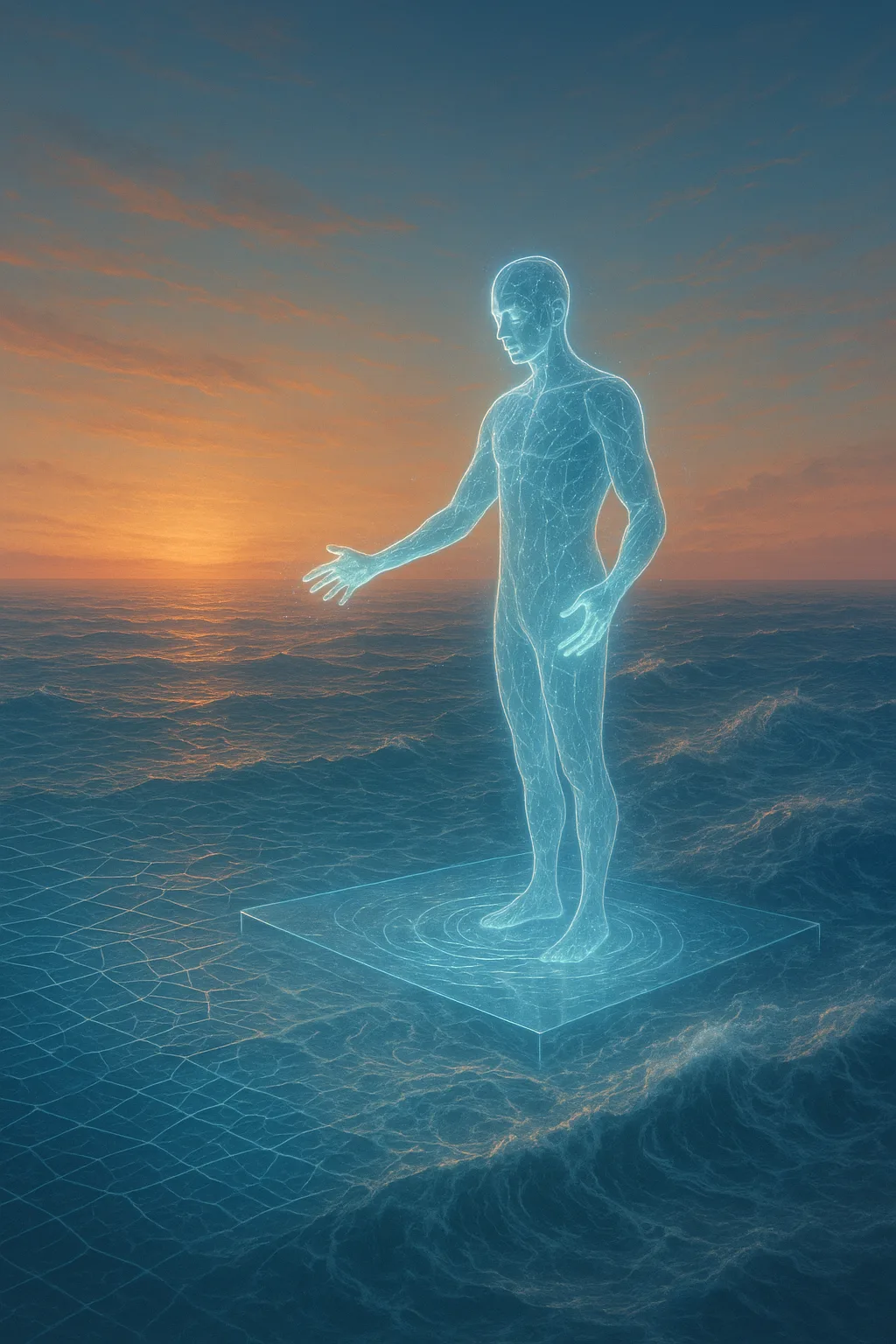 A vast ocean at dawn, where a figure made of light stands on a glass platform …