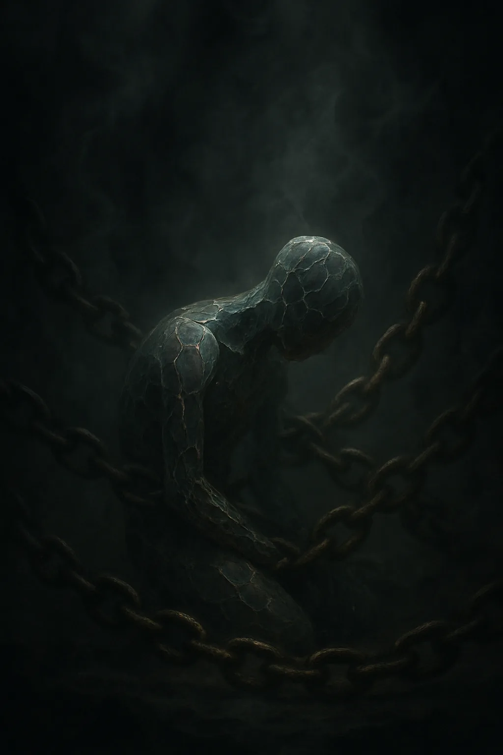 A dimly lit chamber shrouded in thick, curling smoke that twists like restless shadows, obscuring shapes …