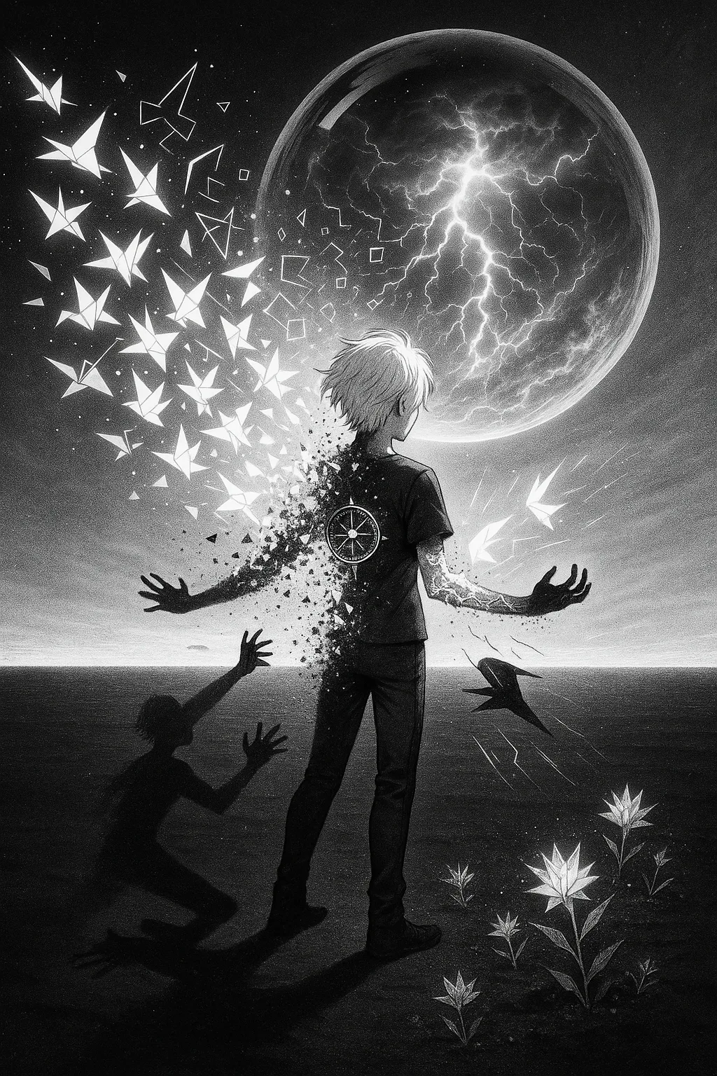 A solitary figure standing at the edge of an infinite field of black sand, its body …