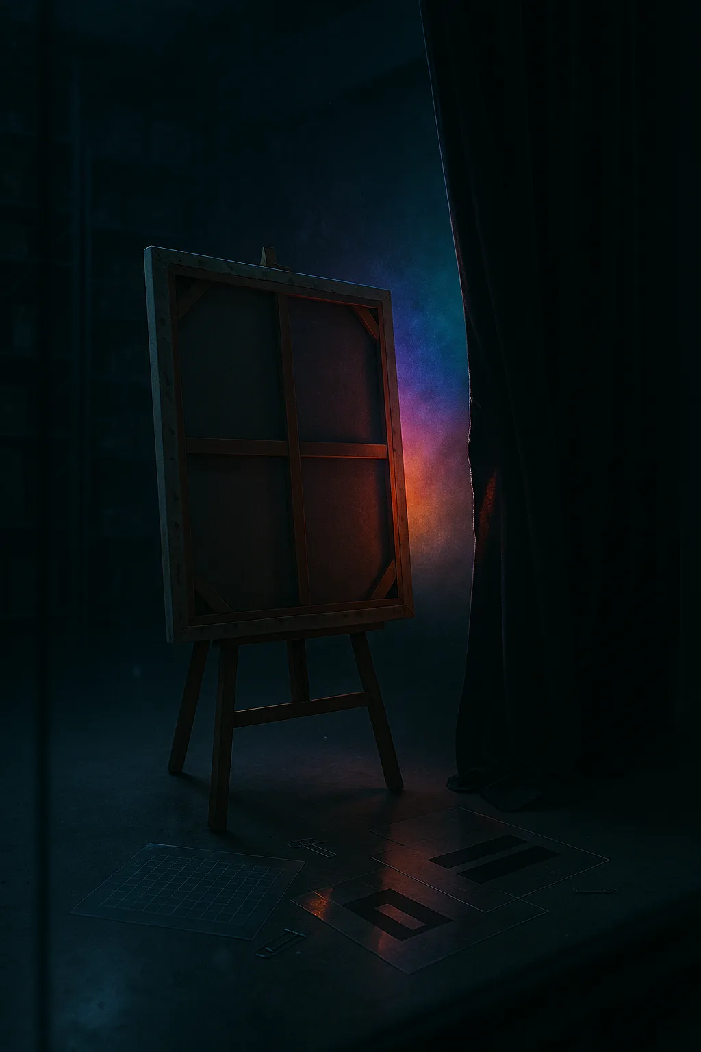 Surreal cinematic photoreal night scene inside a deserted museum storage vault: a single large canvas on …