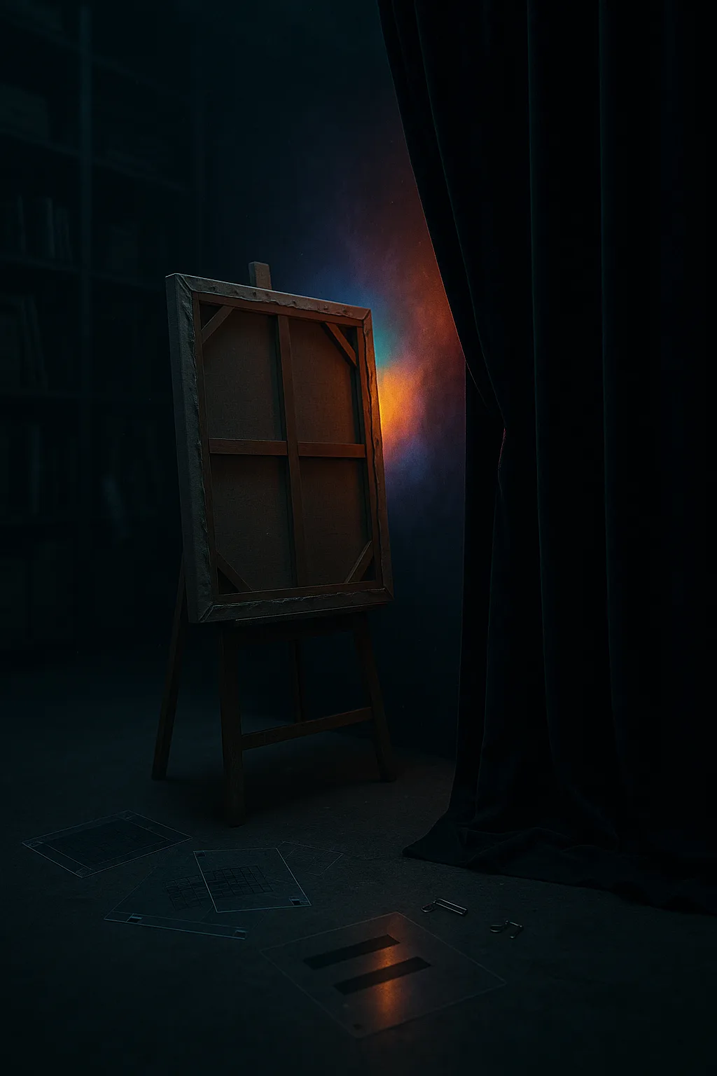 Surreal cinematic photoreal night scene inside a deserted museum storage vault: a single large canvas on …