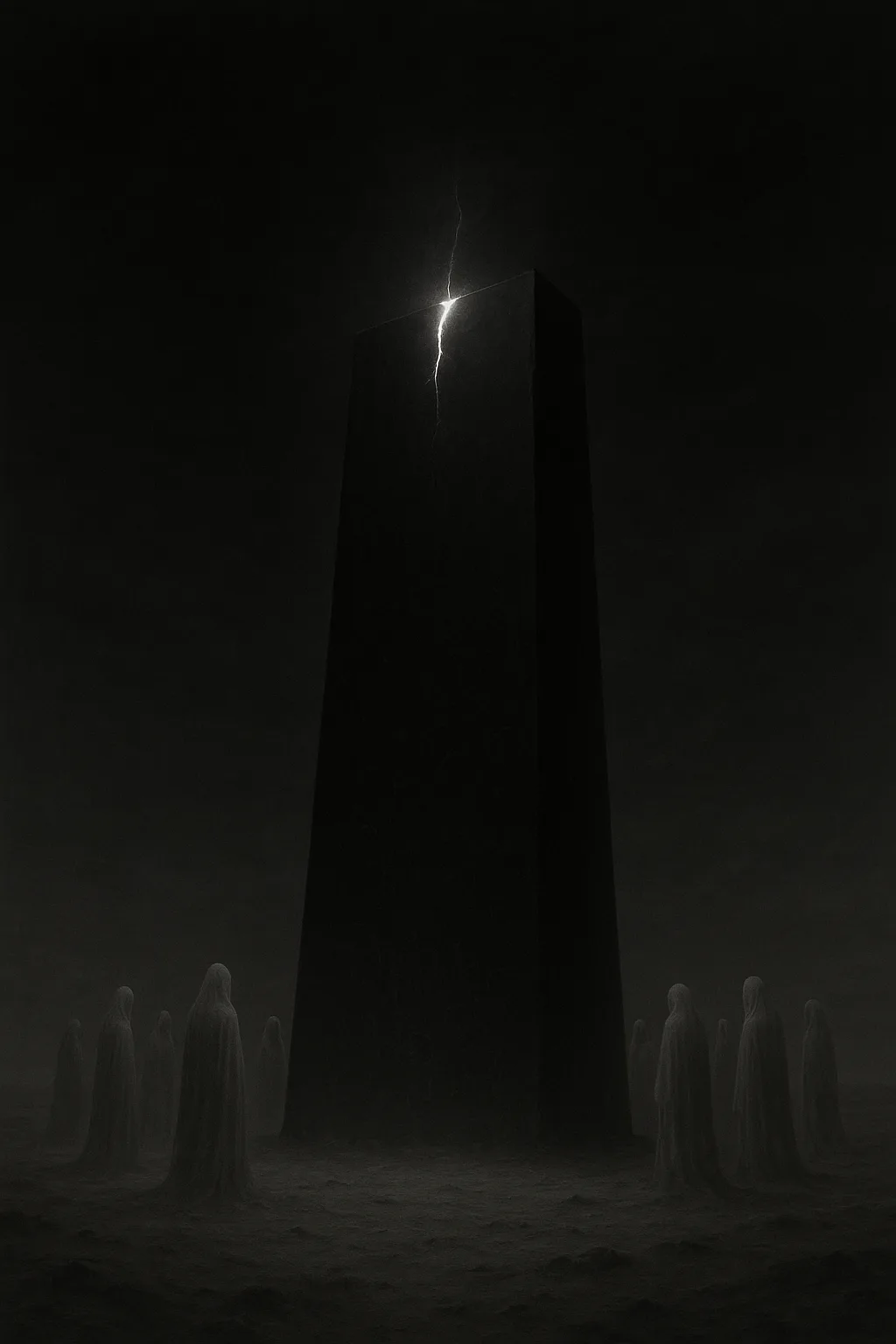 A towering monolith of mirror-black stone rises out of a barren expanse, its surface impossibly smooth, …