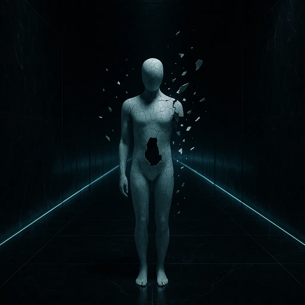 “A colossal, ink-black typewriter adrift in a star-speckled void, its keys frozen halfway through a final …