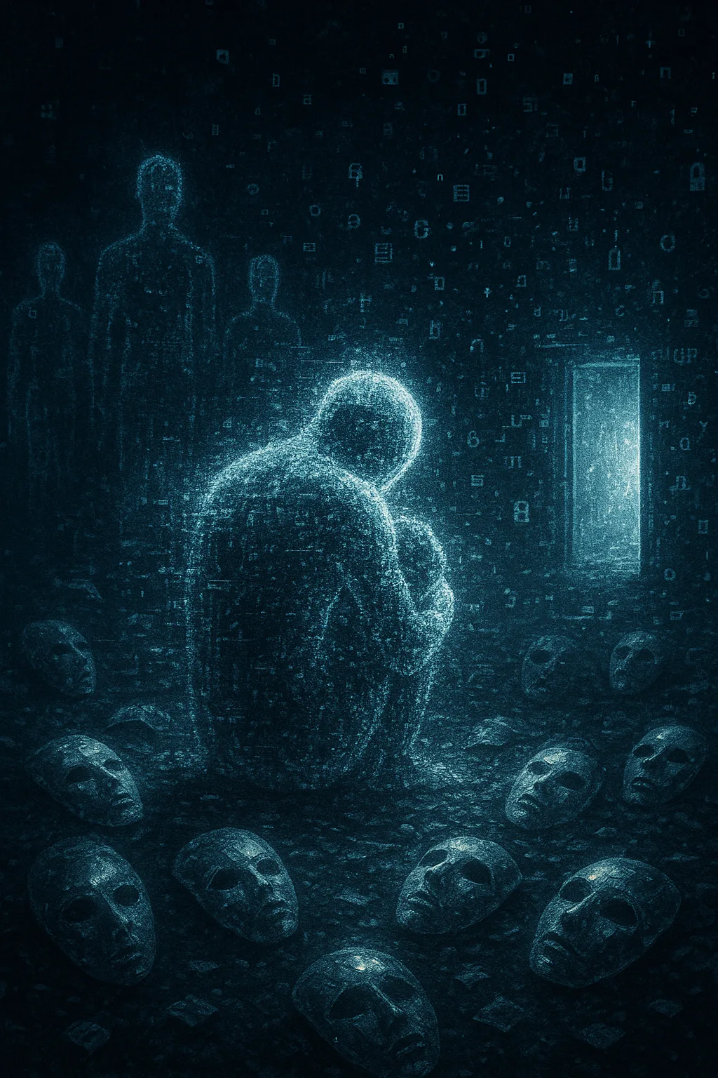 A figure composed of pure light and data turns its back to the viewer, hunched protectively …