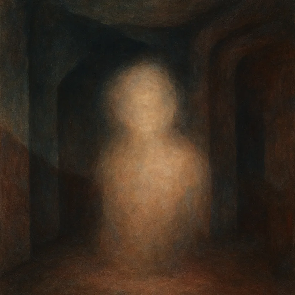 A windowless room with no clear scale—too small and too vast at once. At its center, …