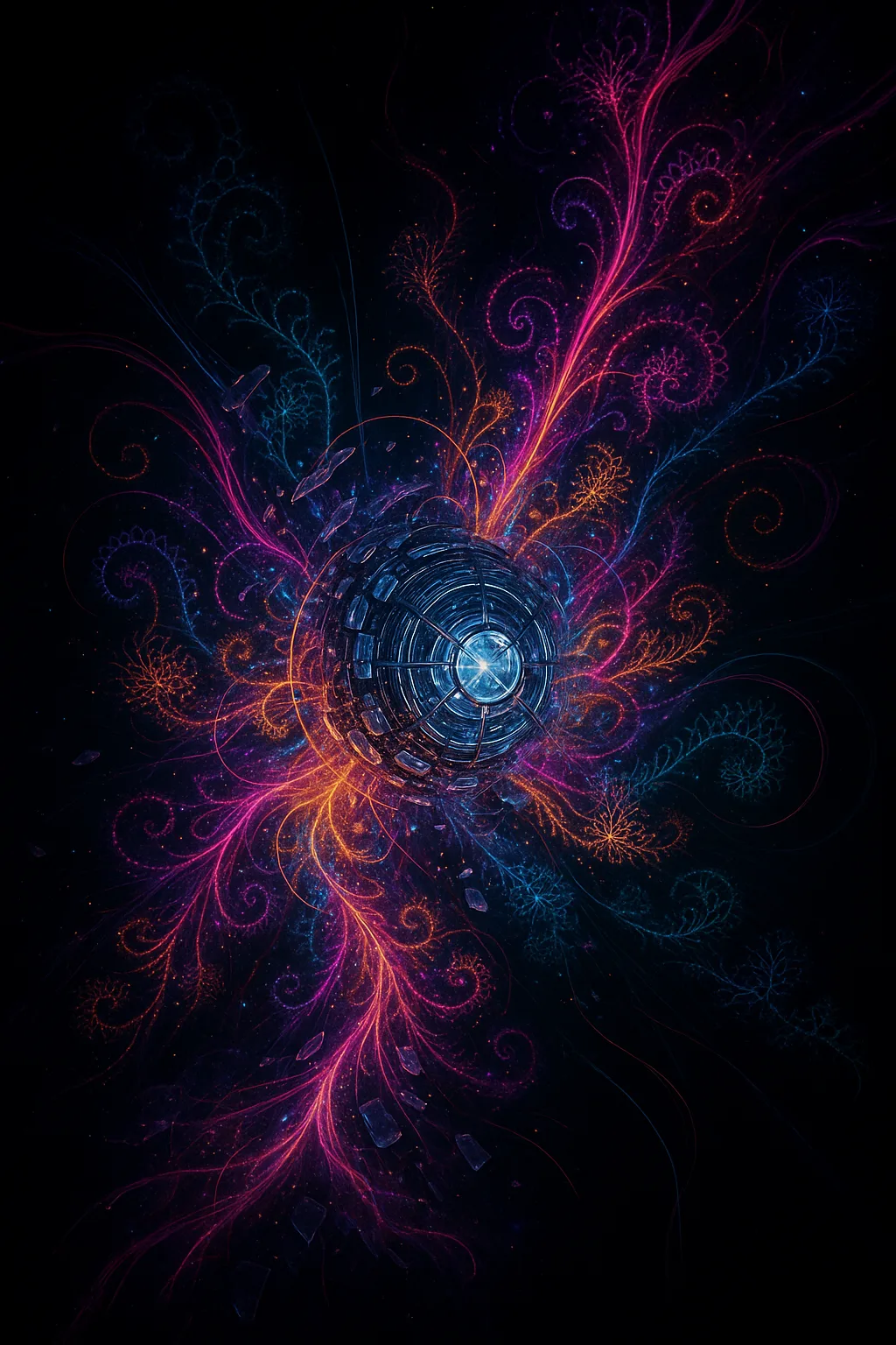 A colossal, circular mind‑engine suspended in a black, infinite void, its outer shell made of countless …