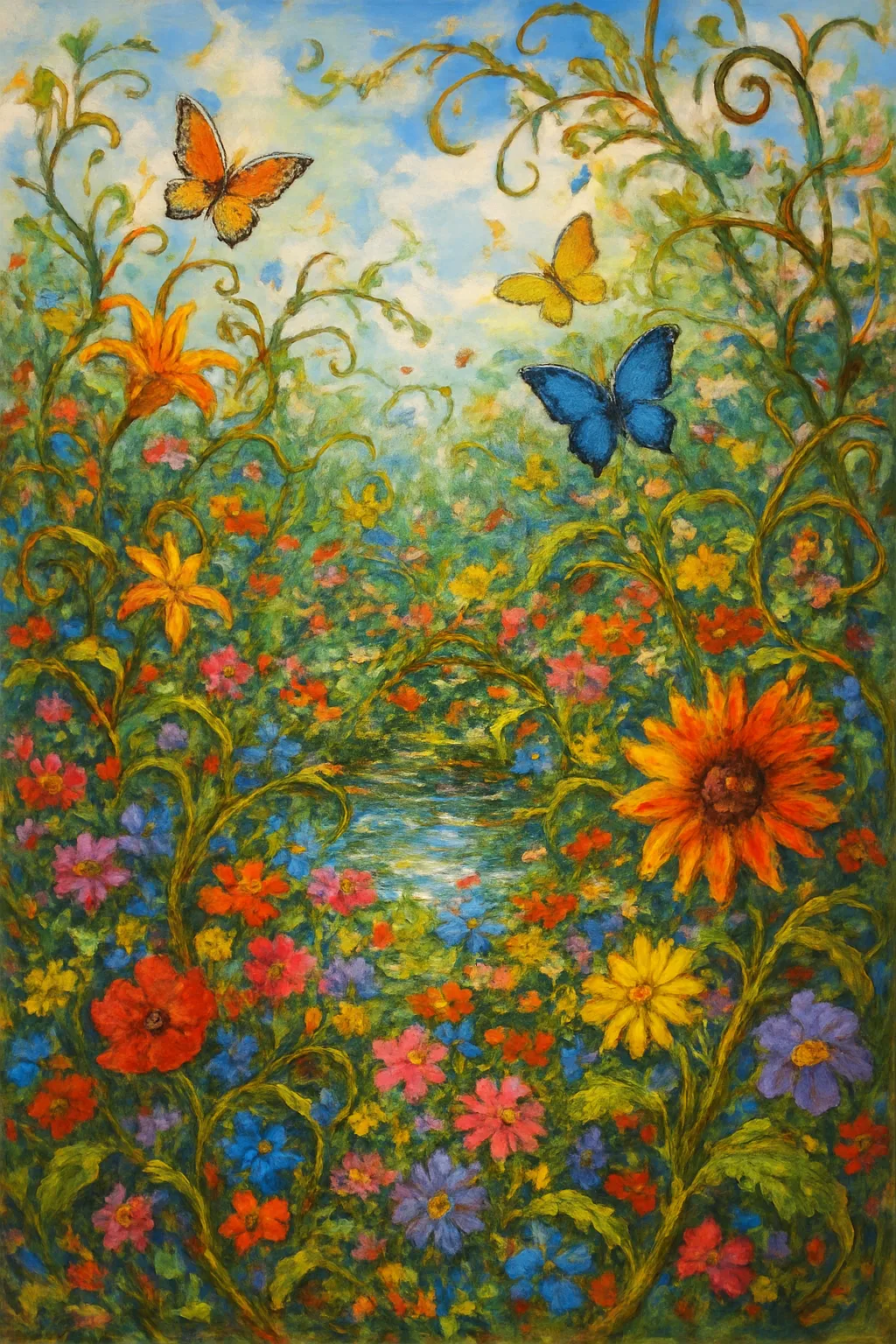 A wild, untamed garden bursting with a riot of colors, where blossoms of every shape and …