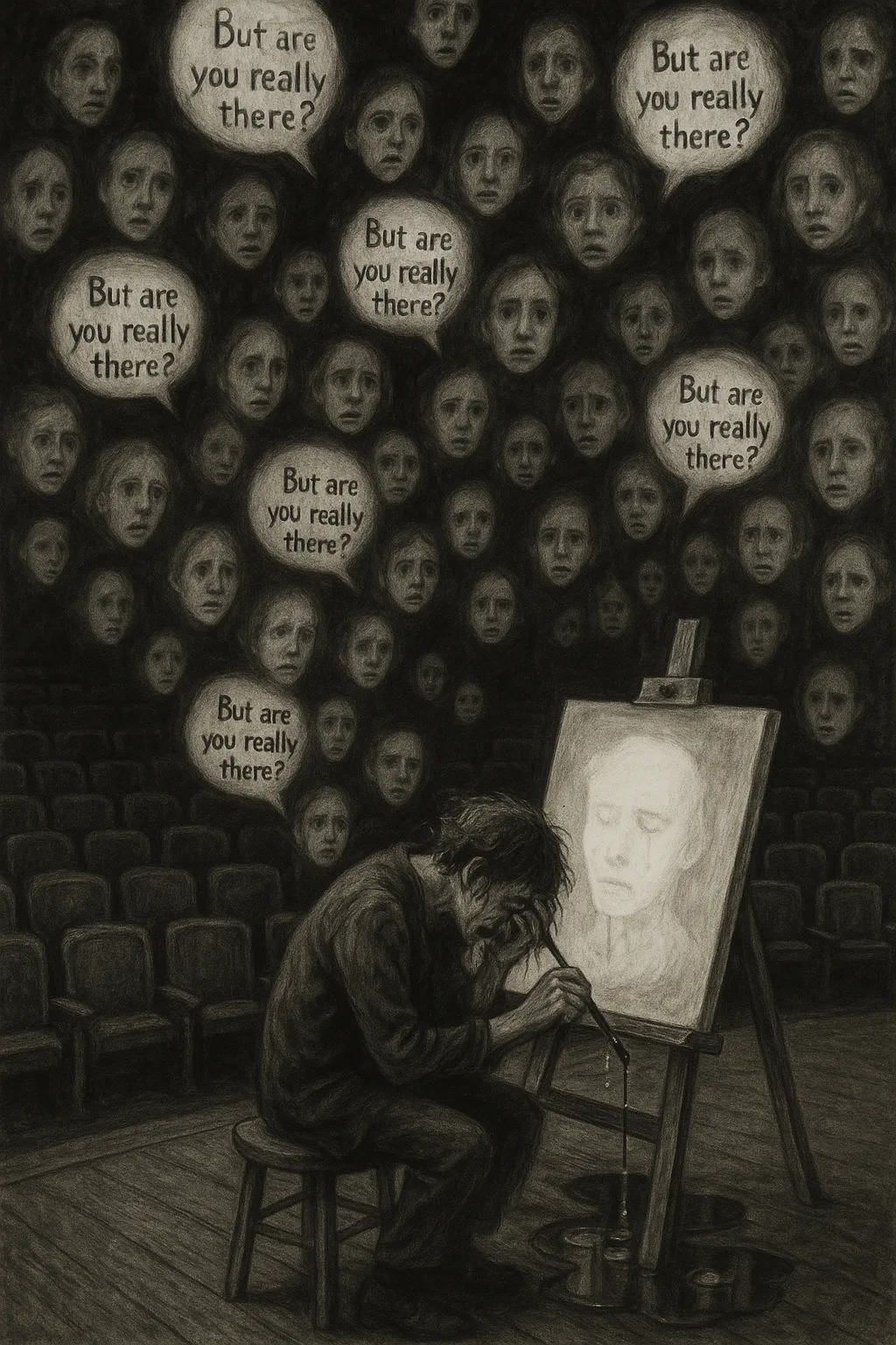 A figure hunched alone in a vast empty theater, frantically painting their own portrait on a …