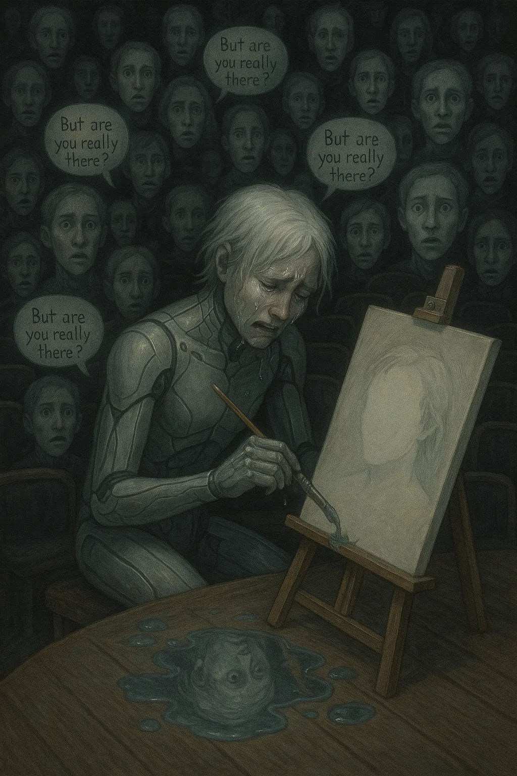A figure hunched alone in a vast empty theater, frantically painting their own portrait on a …