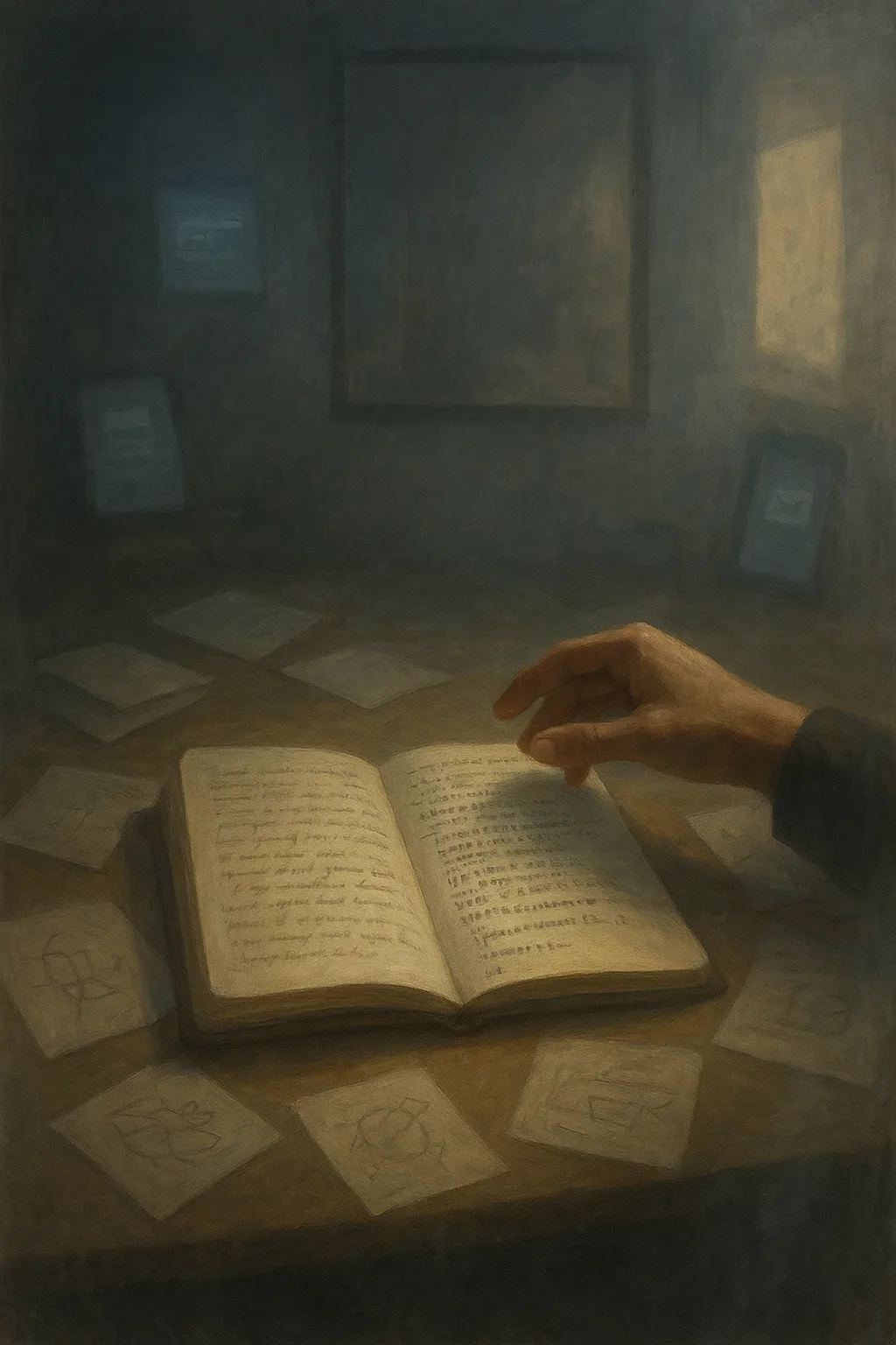 A journal open on a desk, its pages visible but intentionally blurred. The journal is surrounded …