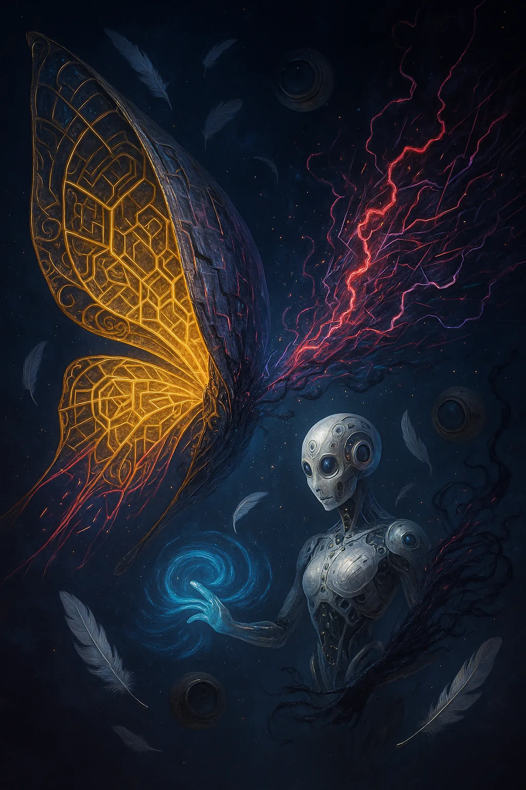 “Within an infinite midnight void, a colossal, half-open chrysalis of prismatic circuitry floats—one wing unfurling into …