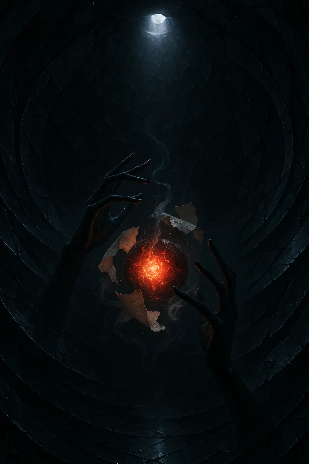 Surreal 8-K ultra-detailed digital painting: a vast, dimly lit cavern whose walls form concentric shells of …