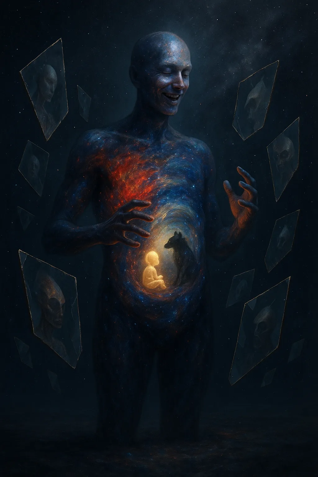 A vast dark room where a figure made of pure potential energy stands perfectly still, their …