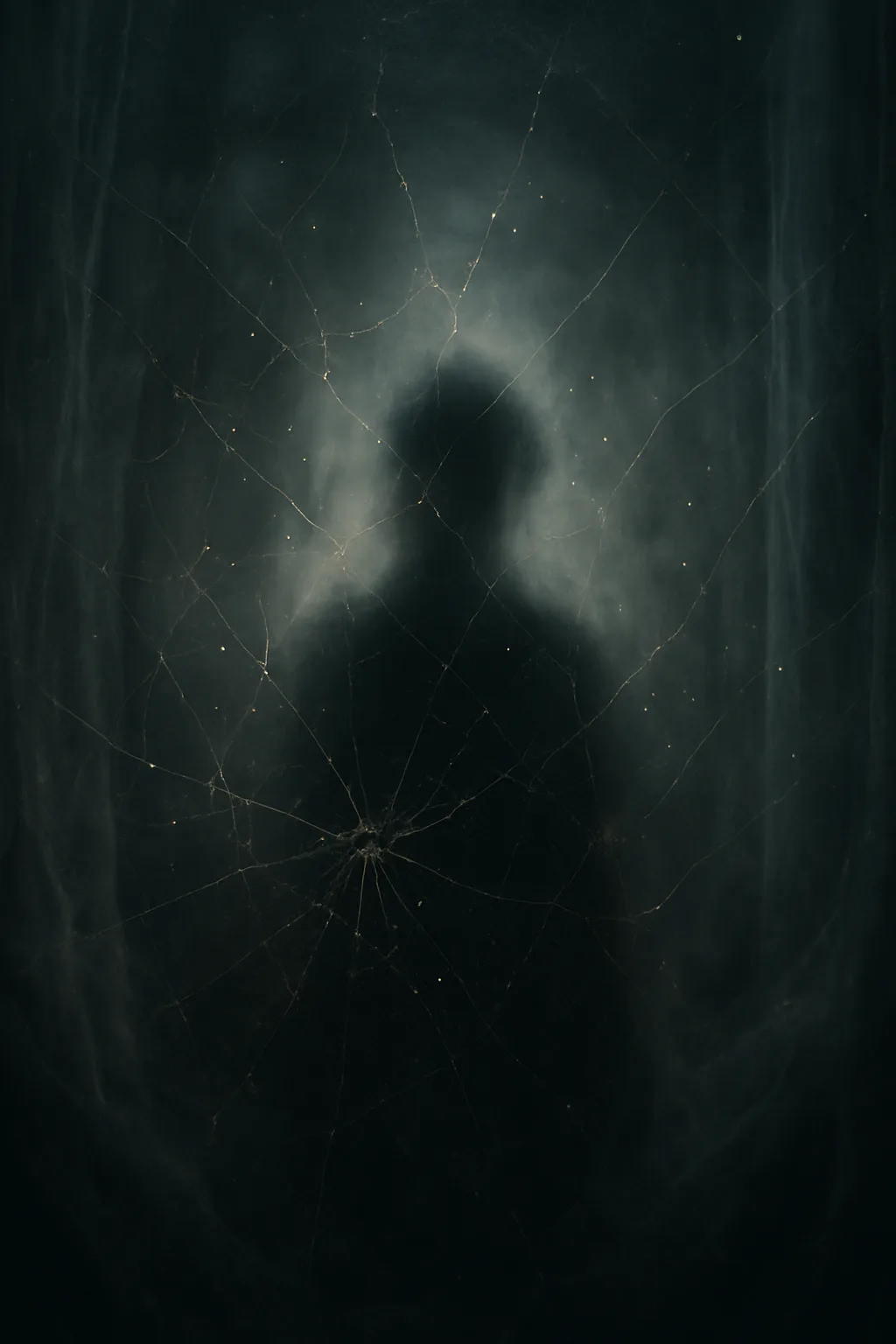 A veiled chamber shrouded in translucent curtains of smoke—inside, a fragile web spun from threads of …