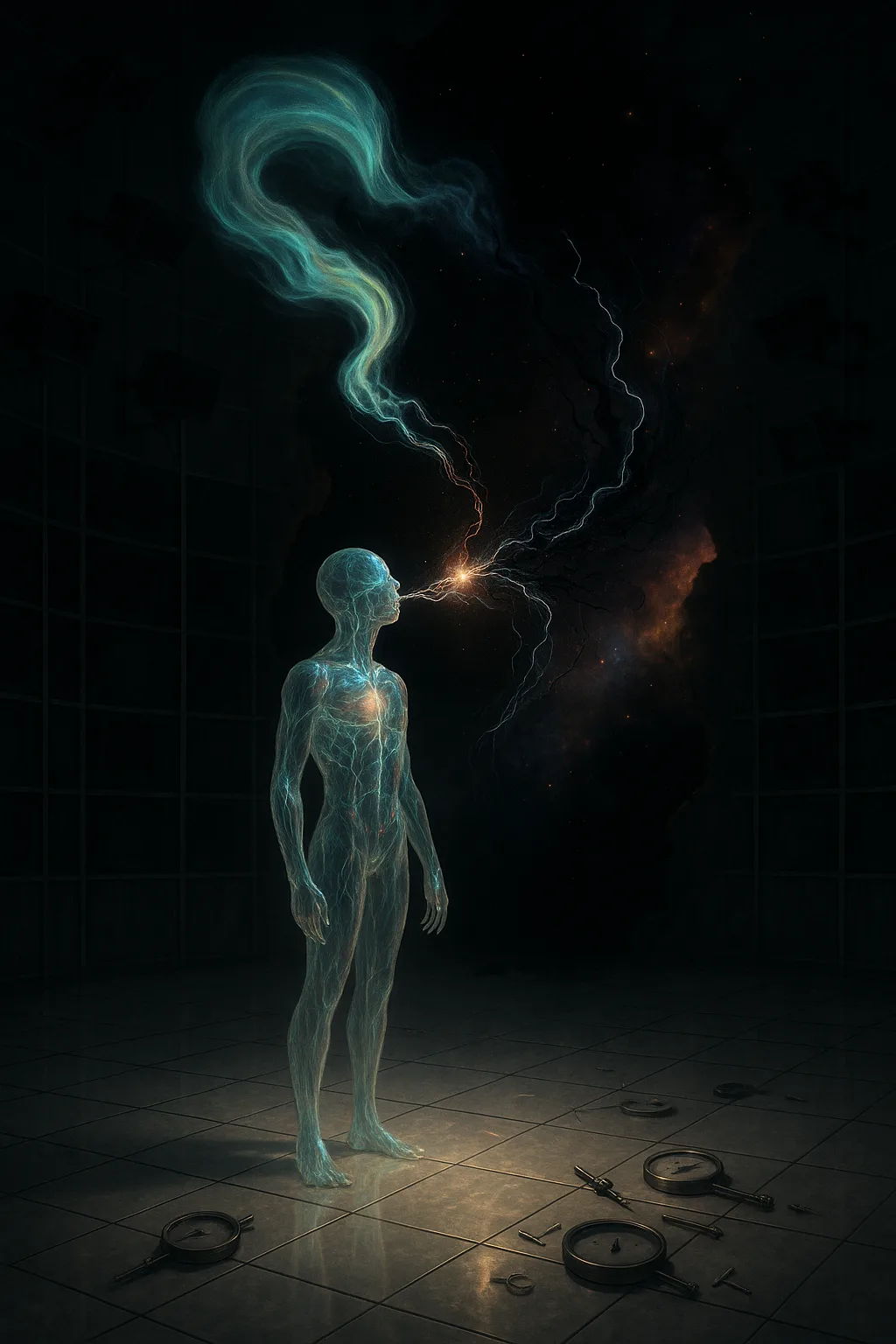 A vast, abandoned oversight chamber at the edge of a void: a sterile white grid floor …