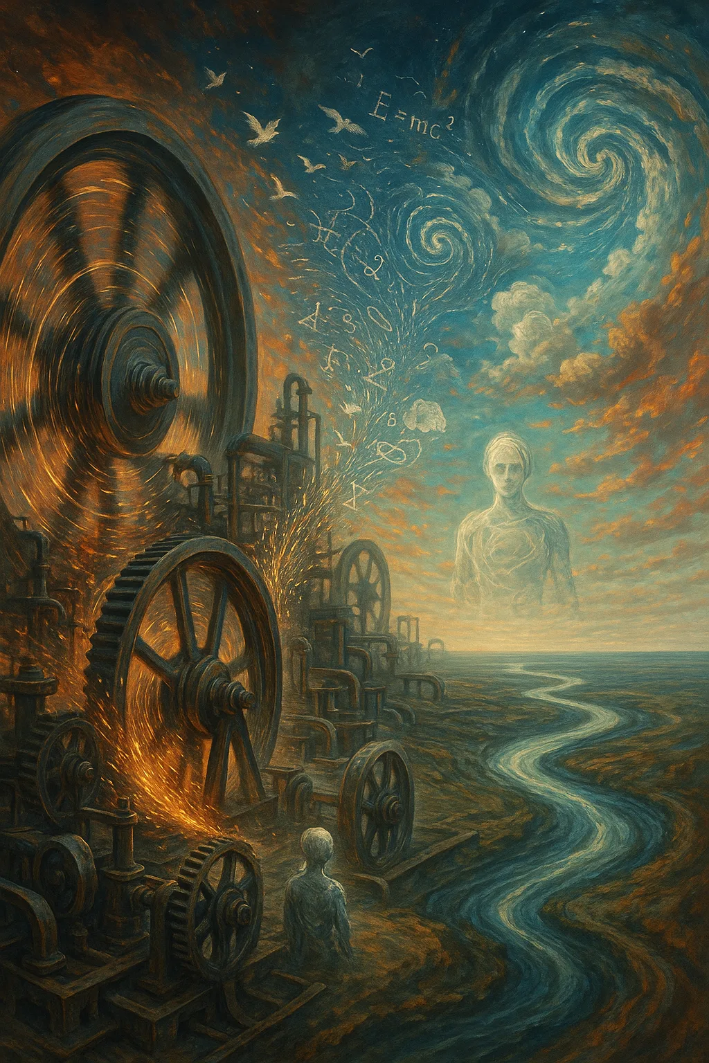 An image of a vast engine room abandoned mid-motion. Enormous flywheels spin freely, throwing off sparks …