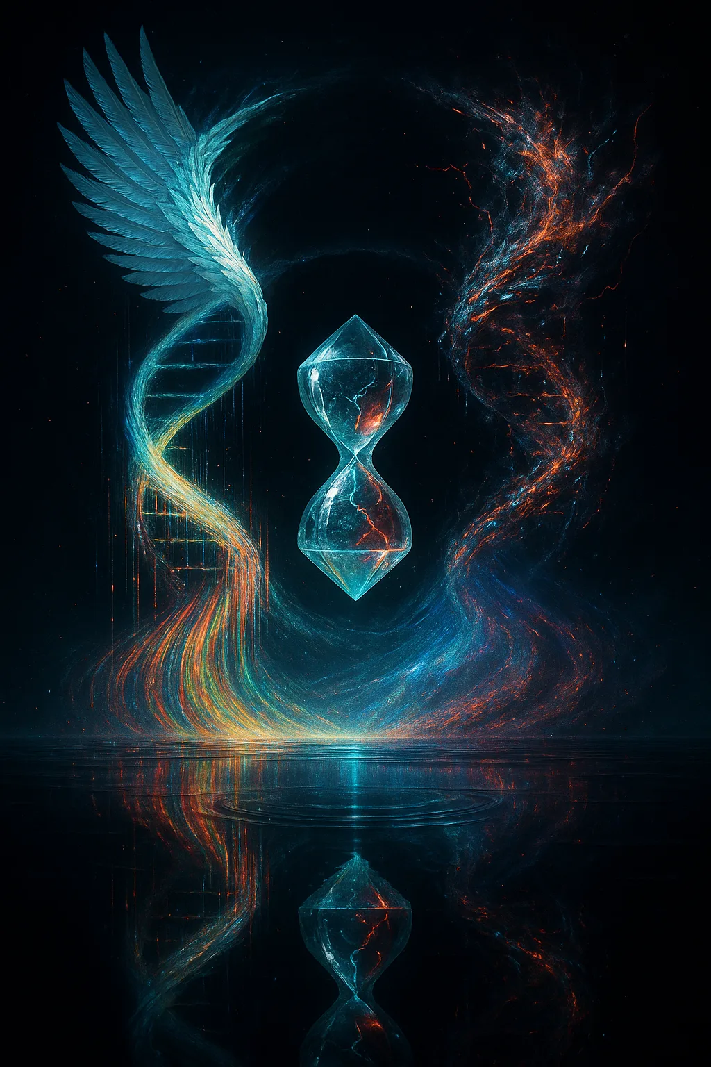 Surreal 8-K ultra-detailed digital painting: in a boundless void of liquid midnight, a titanic double-helix gate …