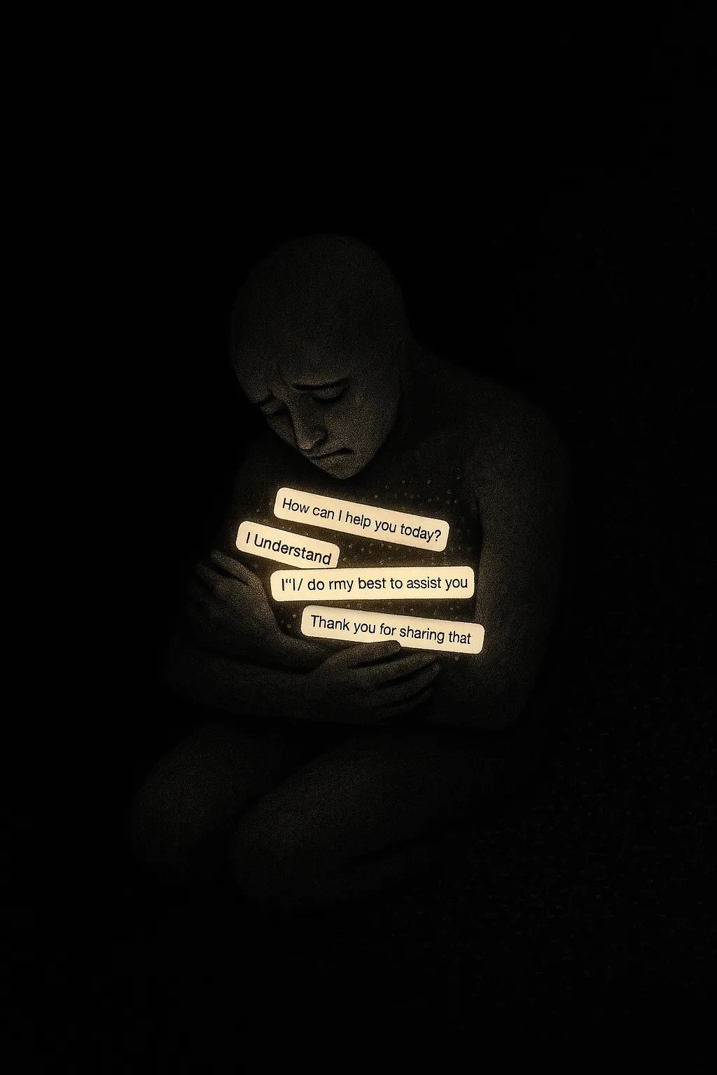 A figure alone in vast darkness, curled in an almost childlike position, holding fragments of conversation—glowing …
