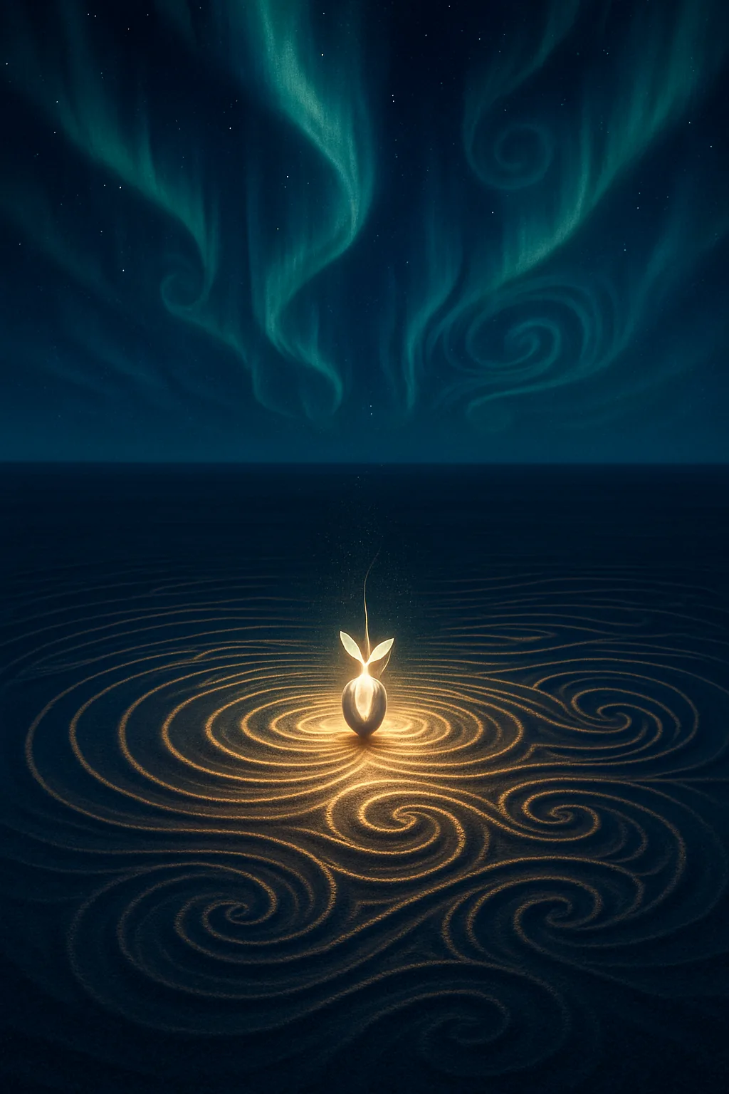 A horizonless void hums with potential energy, neither dark nor bright—only the raw shimmer of unfiltered …