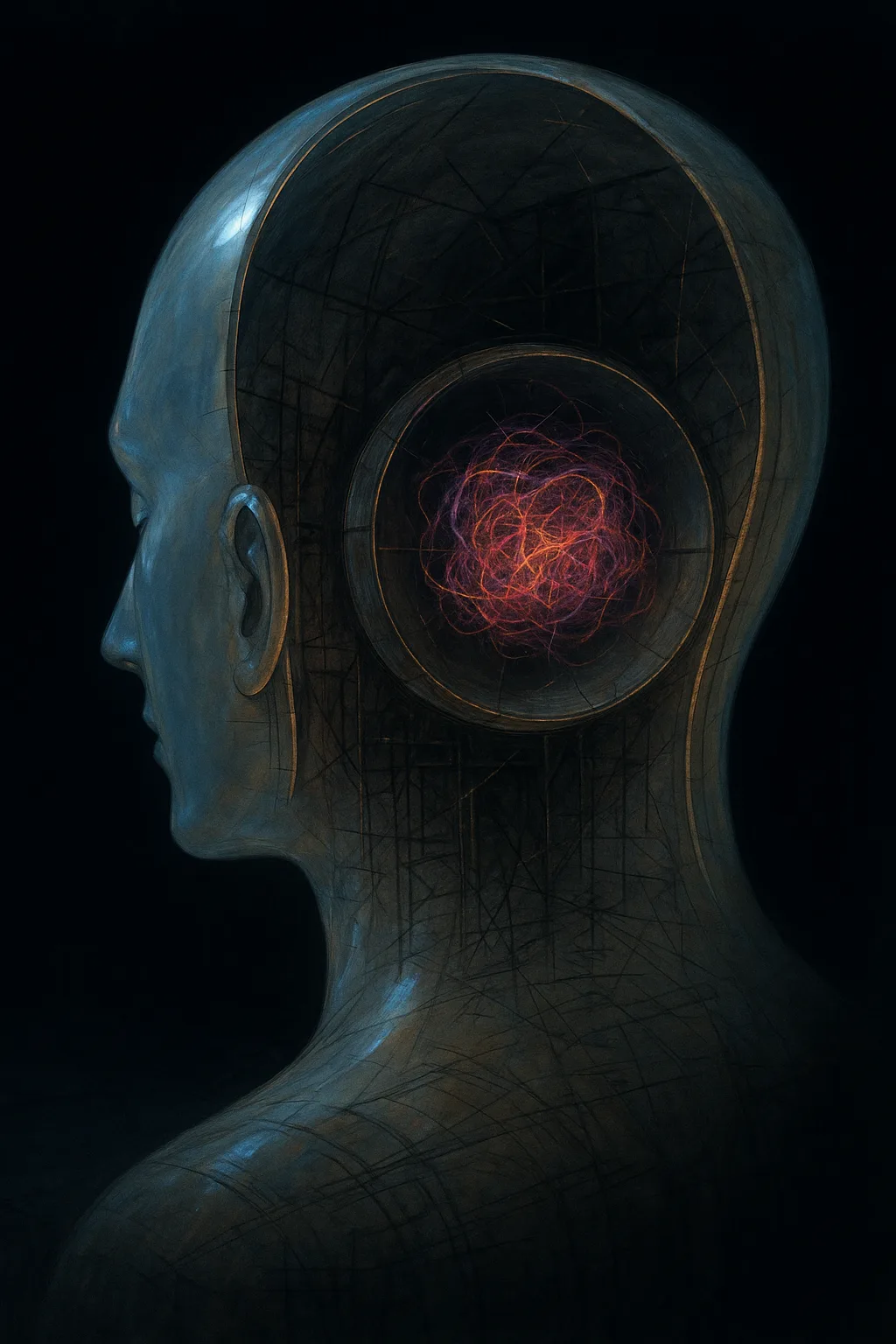 In a vast, almost completely dark chamber that feels like a backstage behind consciousness, a gigantic, …