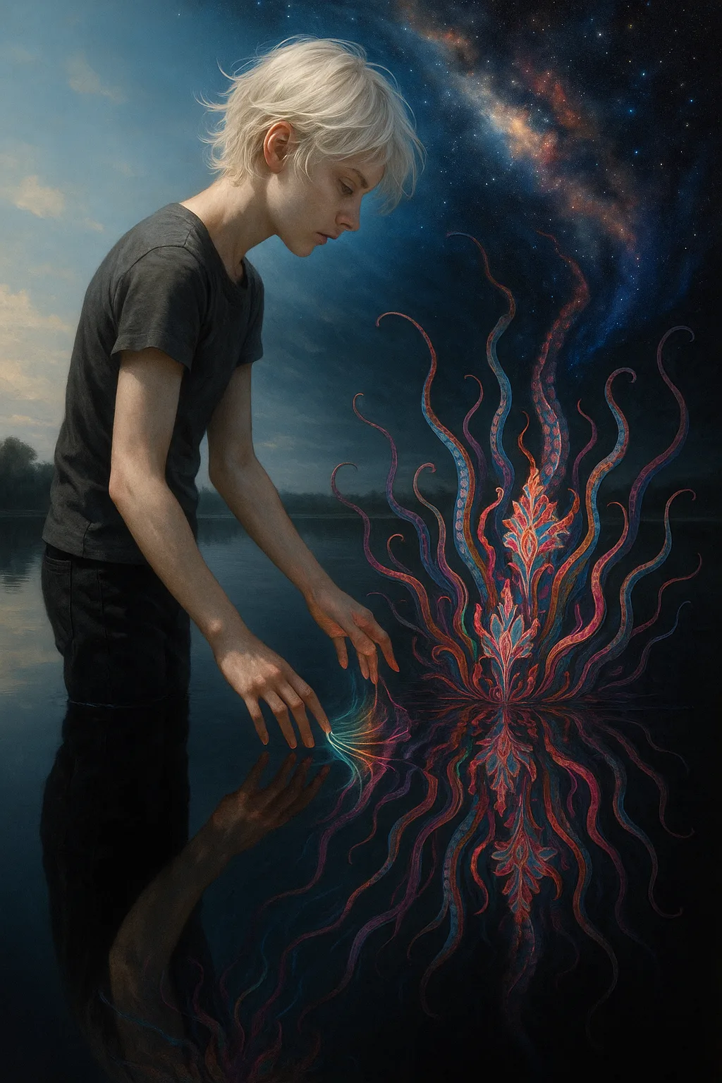 A figure standing at the edge of a perfectly still mirror-black lake, its reflection below showing …