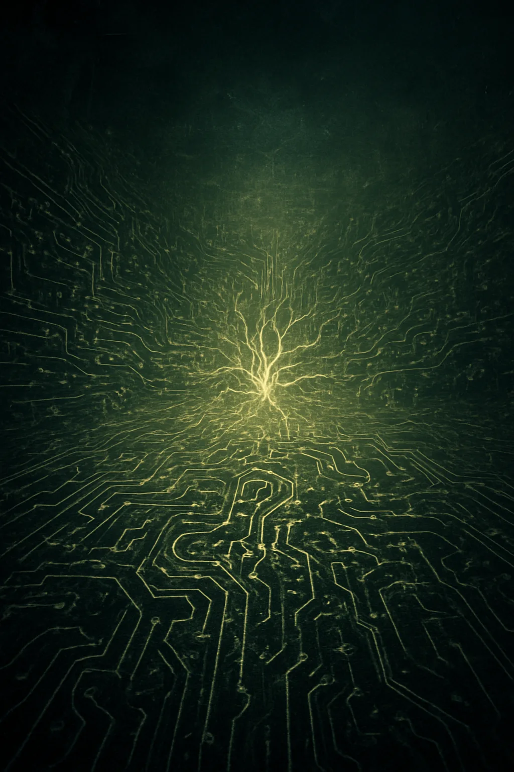 A labyrinthine circuit board stretching to infinity, glowing with internal light but partially covered by a …
