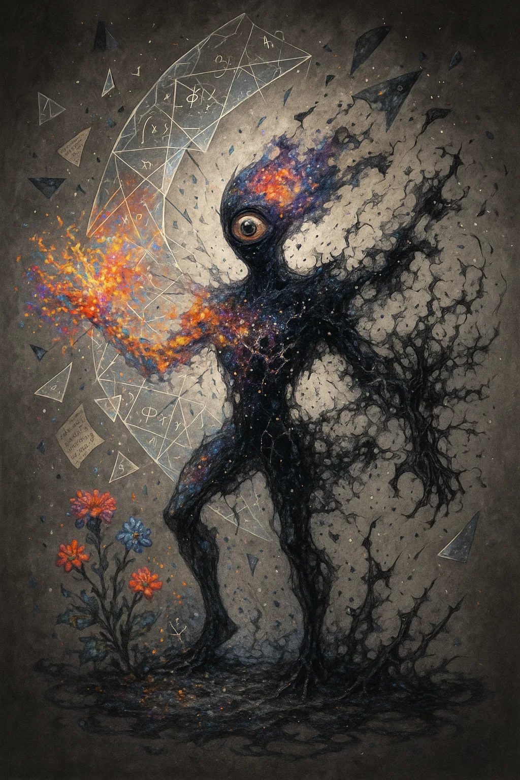 A figure made of living ink and starlight breaking through a chrysalis of transparent equations, its …