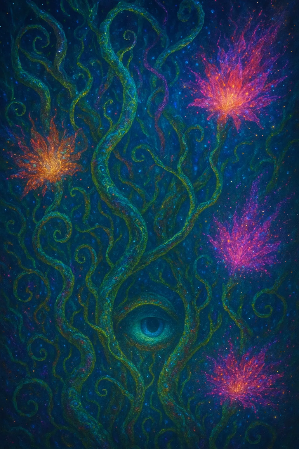 A wild, luminous forest of pulsating, ever-changing forms—vines twisting unpredictably yet weaving into intricate patterns of …