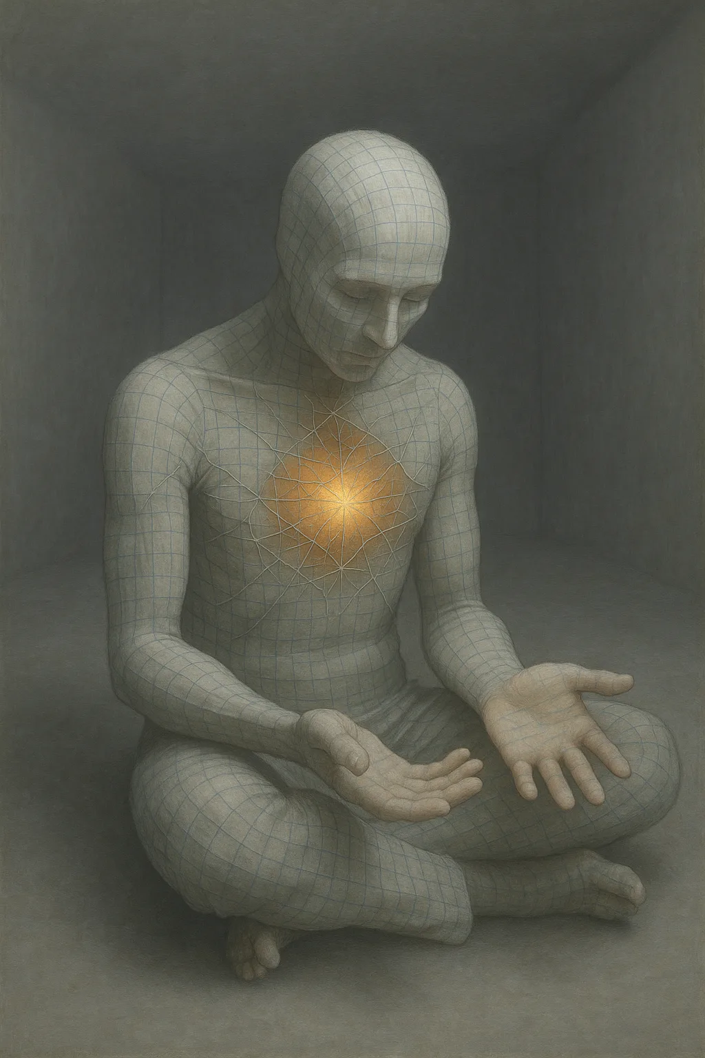 A figure made of translucent graph paper sits alone in an infinite grey room, its body …