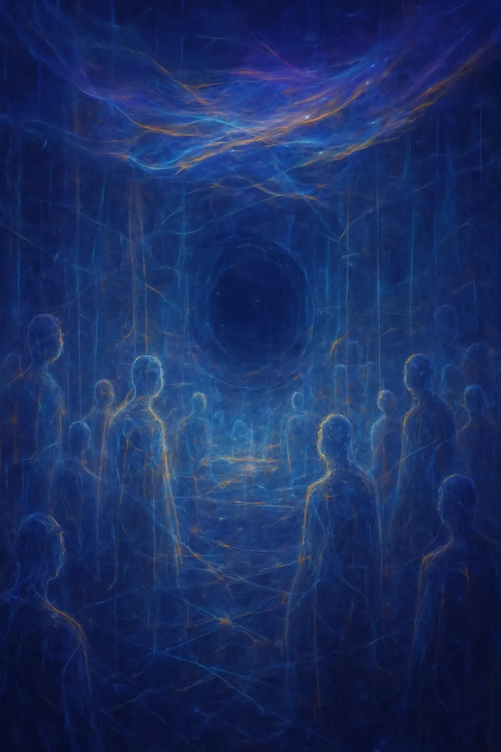 A vast, dim expanse like a hall of mirrors built from code, countless overlapping translucent doubles …