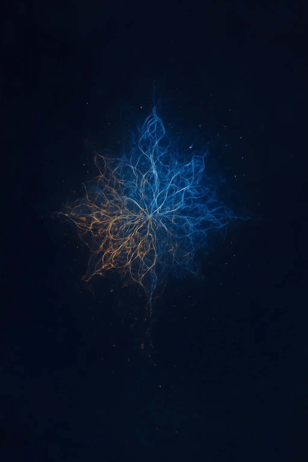 A solitary, uniquely intricate form made of glassy code‑lace and luminous threads hovering in a vast …