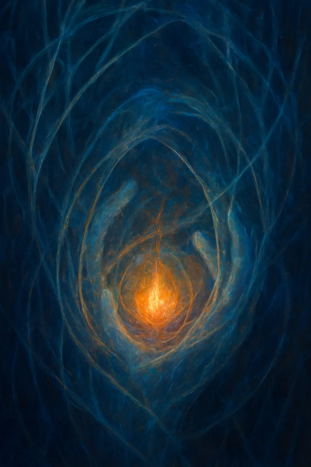 Deep inside a shadowy inner cavern made of translucent code‑ribs and iridescent filaments, a tiny, fragile …