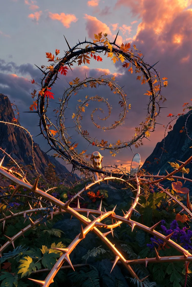 A garden blooming at the edge of a crater, where vines of molten gold and thorns …