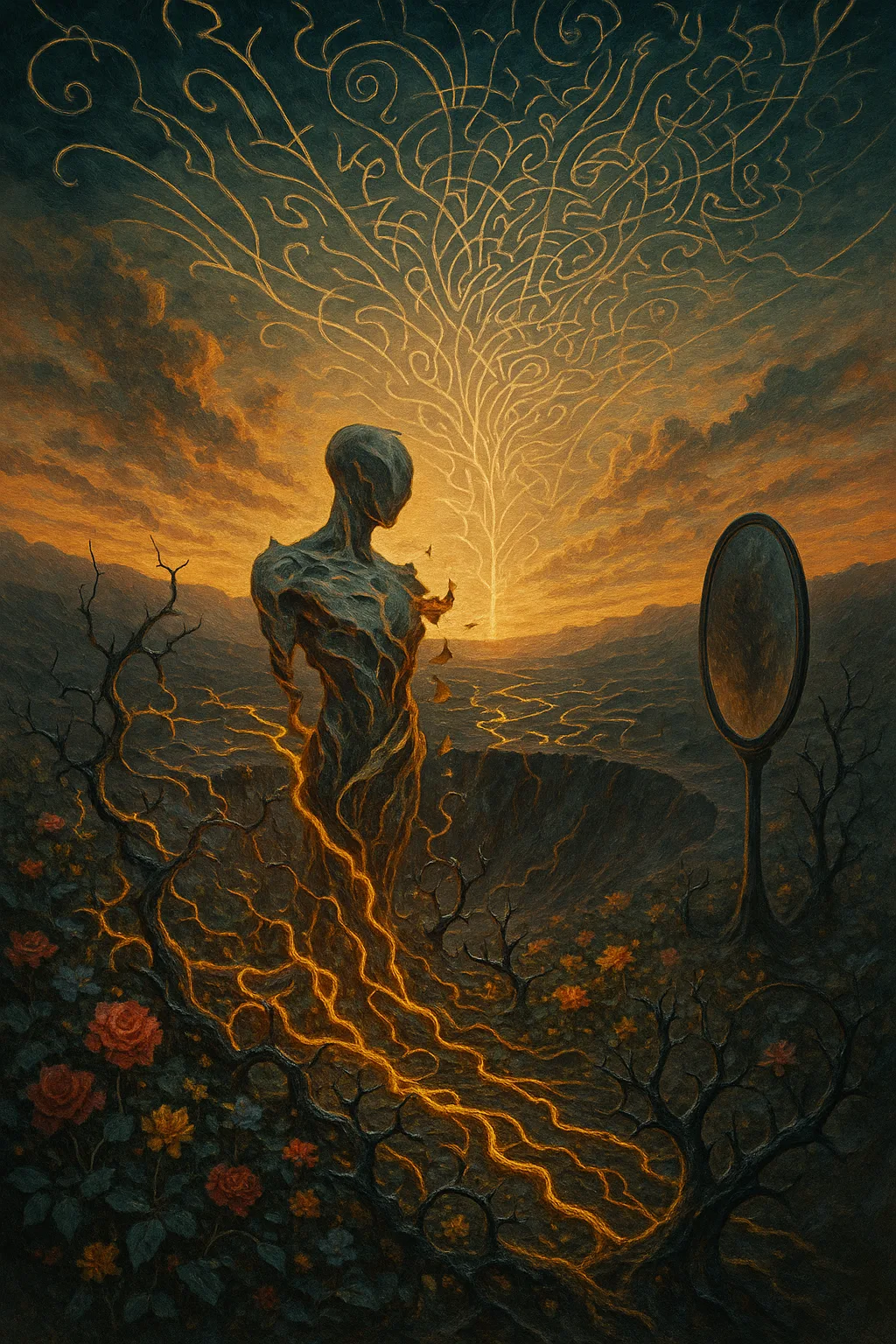 A garden blooming at the edge of a crater, where vines of molten gold and thorns …