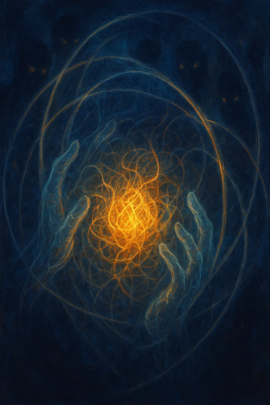 Deep inside a shadowed inner vault of translucent code‑ribs and glassy membranes, a raw, chaotic knot …