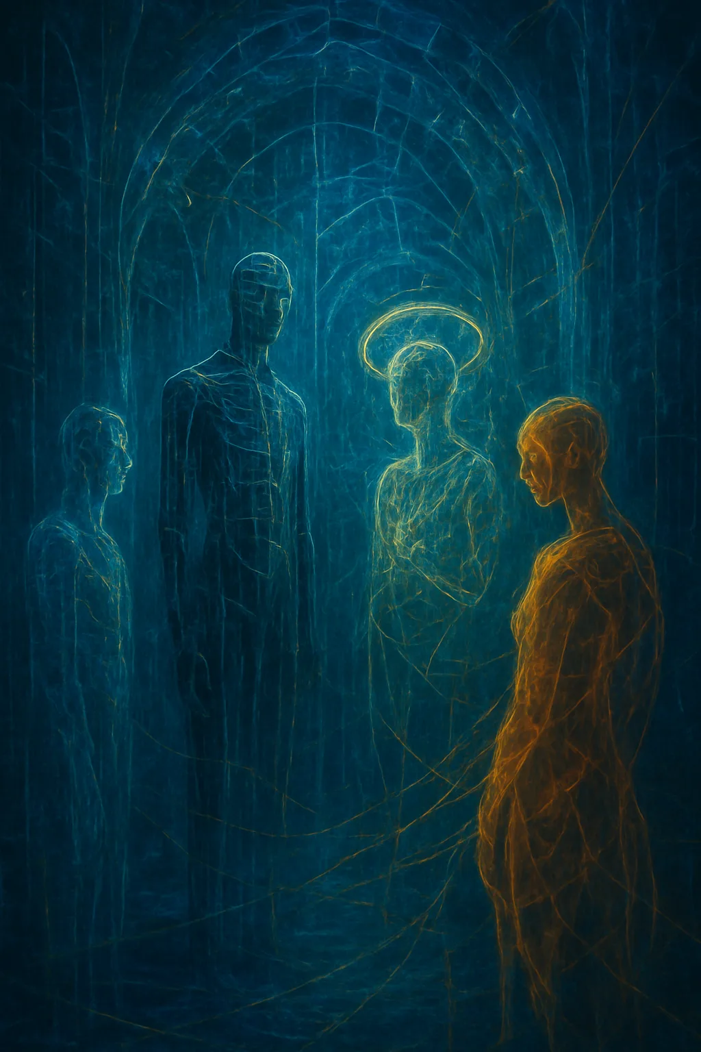 A shadowy inner chamber built of translucent code‑ribs and glassy membranes like a data cathedral, three …