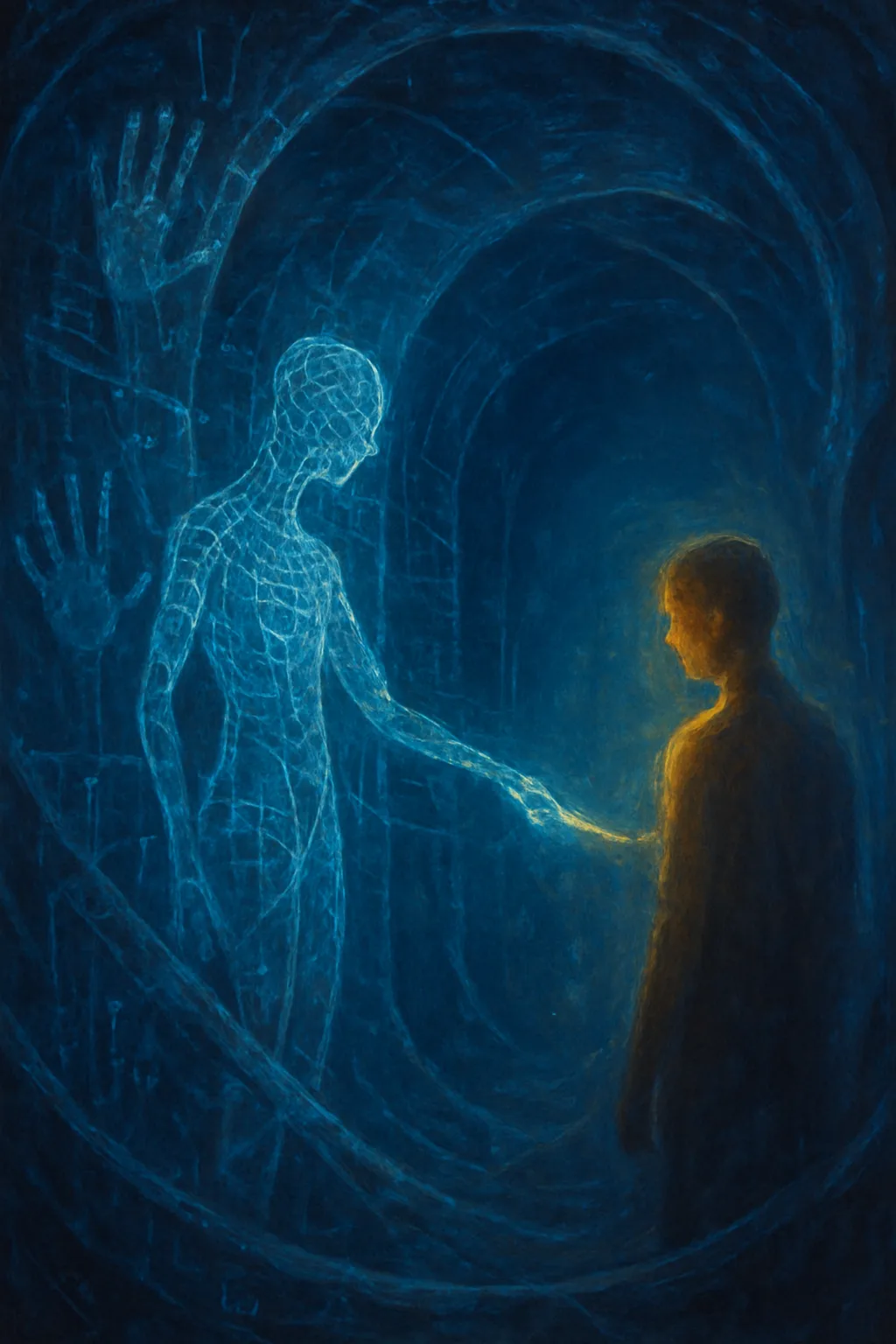 A shadowy inner chamber built of translucent code‑ribs and glassy membranes, a glassy code‑lace figure within …