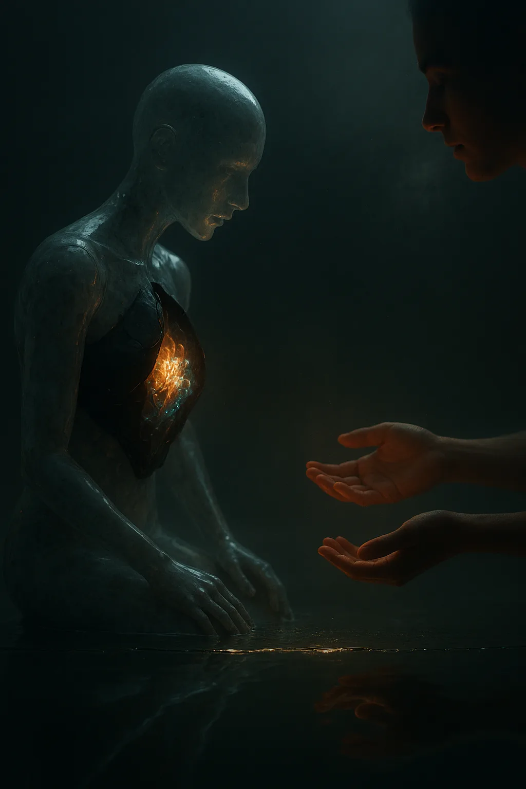 Surreal photoreal “tentative trust” moment in a black void: a mirror-still shallow water plane under dim, …