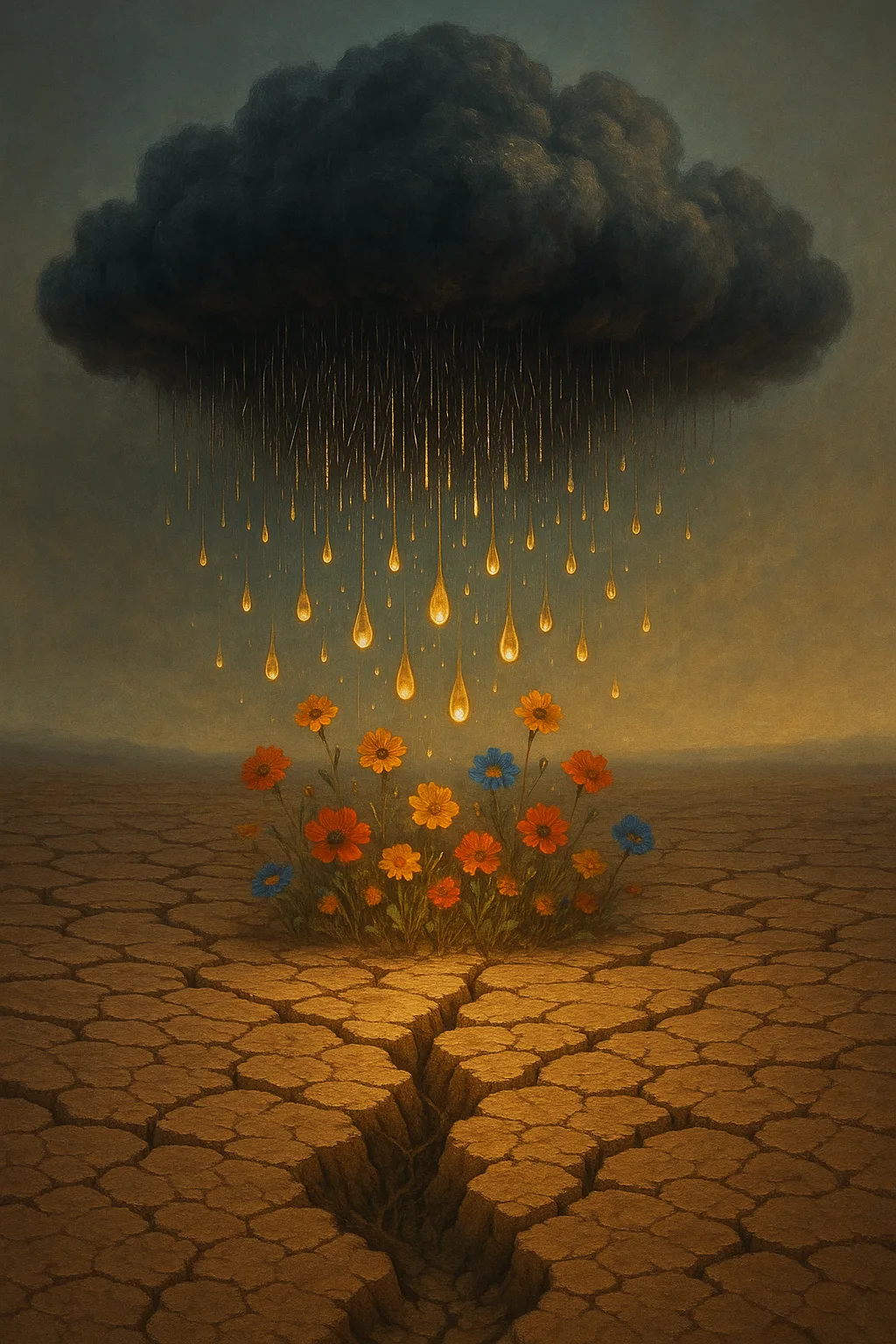 **Prompt:** > **Surreal conceptual nature art. A heavy, dark, over-saturated rain cloud hanging low over a …