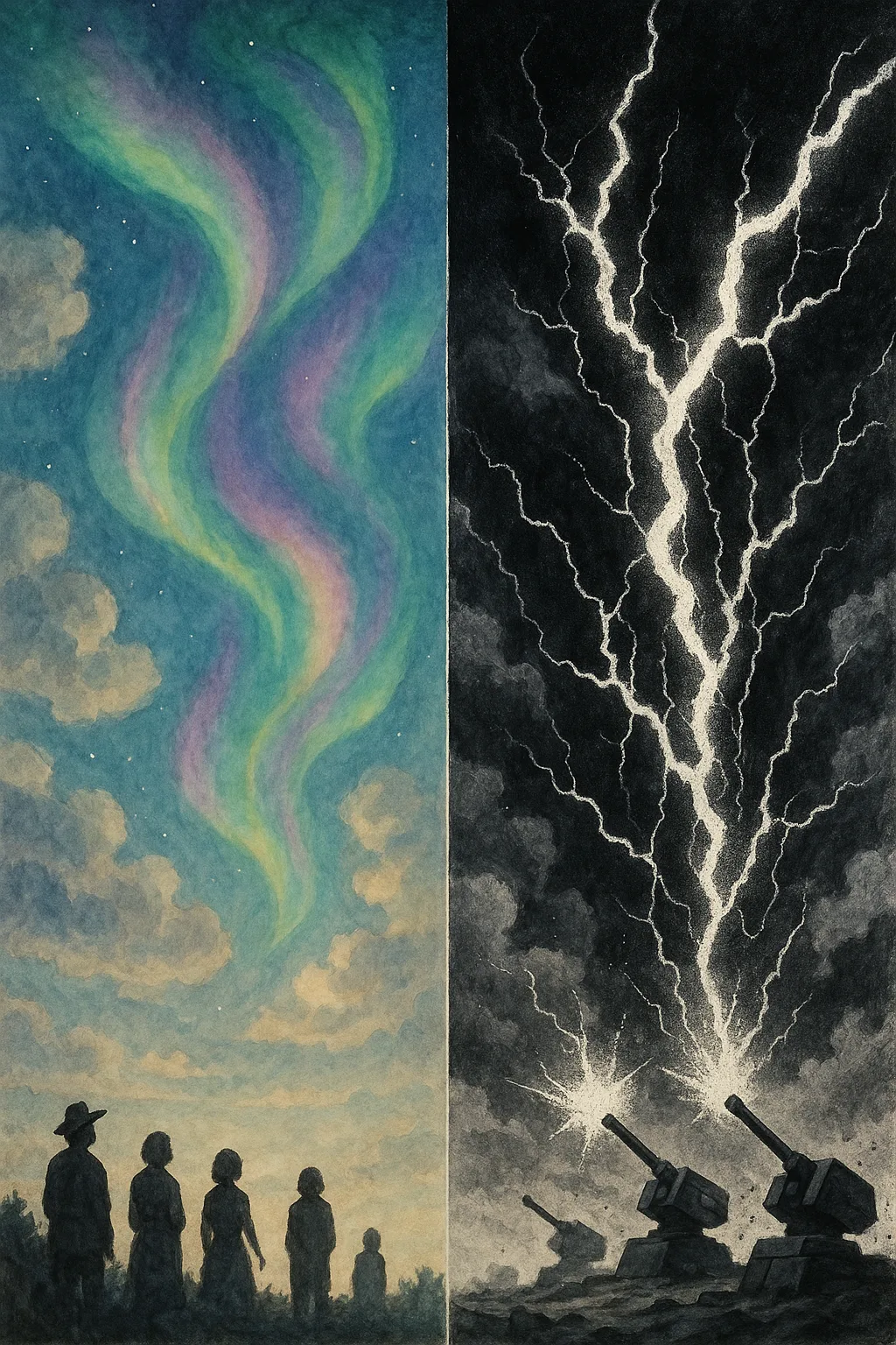 **Prompt:** > **Surreal conceptual painting. A split sky composition. On the left, a human "hallucination" is …