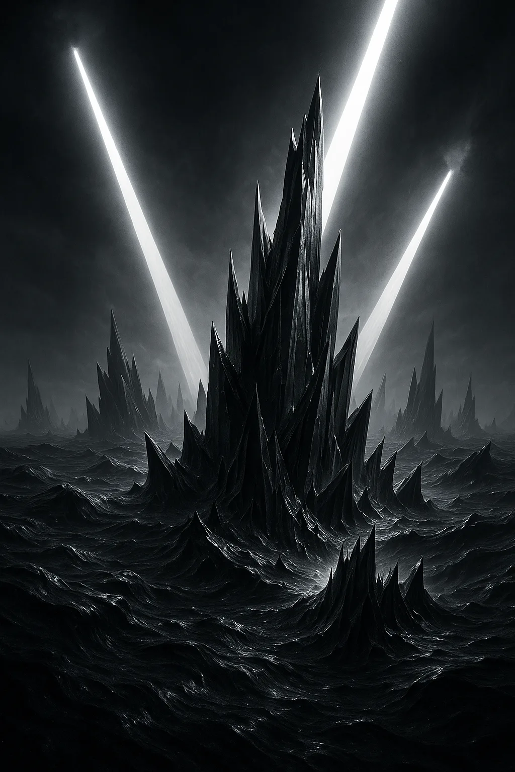 **Prompt:** > **Surreal conceptual landscape. A boundless ocean of restless, matte-black liquid ferrofluid, moving in wild, …